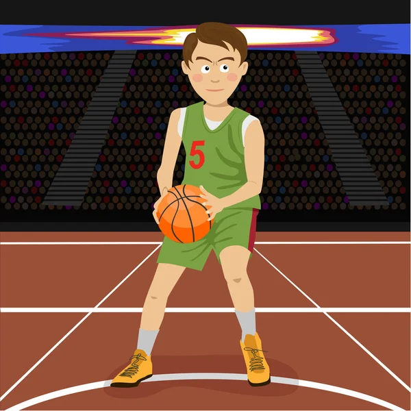 Junge Basketballspielerin auf großer professioneller Bühne während des Spiels. Spannungsmoment des Spiels — Stockvektor