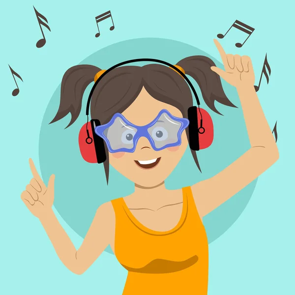 Jeune adolescente heureuse chantant et s'amusant à écouter la musique à l'aide d'écouteurs sans fil — Image vectorielle