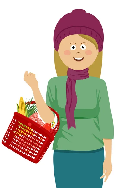 Jeune femme tenant un panier rempli de légumes et de fruits portant un chapeau et une écharpe tricotés — Image vectorielle