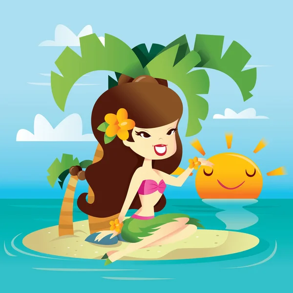 Ilustracja Wektorowa Cartoon Szczęśliwy Hawaiian Retro Pin Girl Słonecznej Wyspie — Wektor stockowy