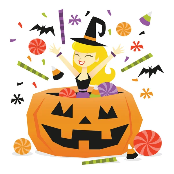 Illustration Vectorielle Une Heureuse Dessinatrice Sautant Une Grosse Citrouille Halloween — Image vectorielle