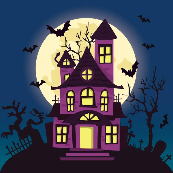 Wektor Ilustracja Kreskówka Creepy Nawiedzonego Domu Noc Halloween — Wektor stockowy