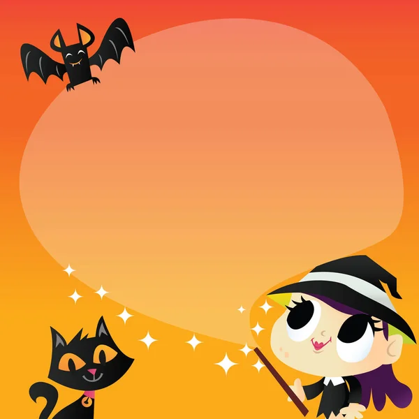 一个超级逗人喜爱的万圣节女巫与猫和蝙蝠的向量例证 使魔术与语音泡沫形状复制 — 图库矢量图片