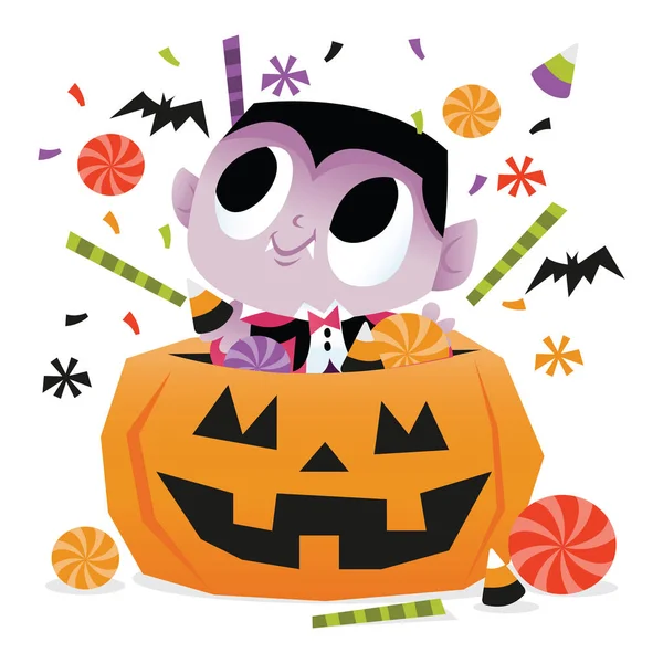 Una Ilustración Vectorial Vampiro Súper Lindo Saltando Una Gran Calabaza — Vector de stock