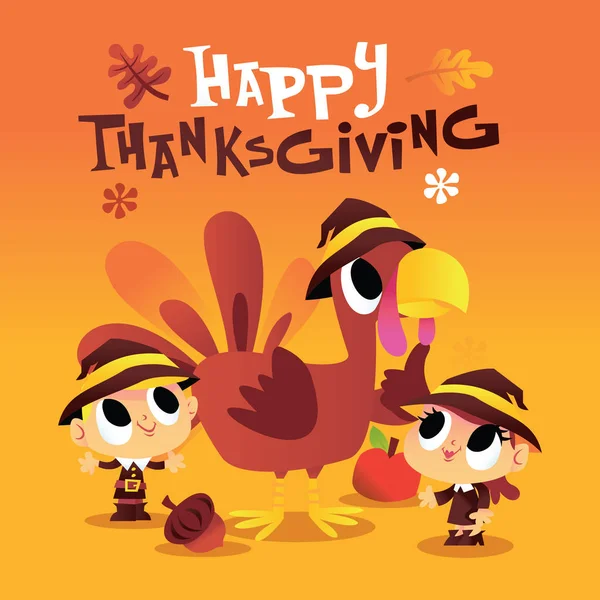 Een Cartoon Vectorillustratie Van Thanksgiving Turkije Pelgrim Vrienden Met Vakantie — Stockvector