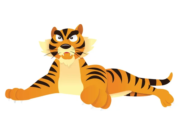 Uma Ilustração Vetorial Desenhos Animados Tigre Ameaçador Deitado — Vetor de Stock