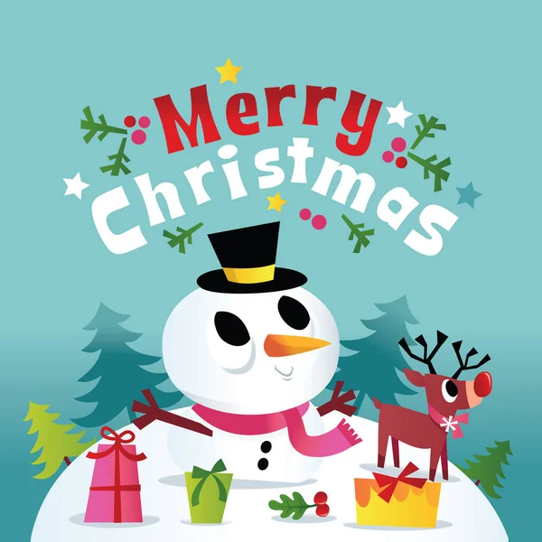 Cartone Animato Vettoriale Illustrazione Pupazzo Neve Natale Renne Regali Con — Vettoriale Stock