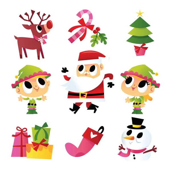 Conjunto Ilustración Vectorial Dibujos Animados Super Lindo Personajes Navidad Decoraciones — Vector de stock