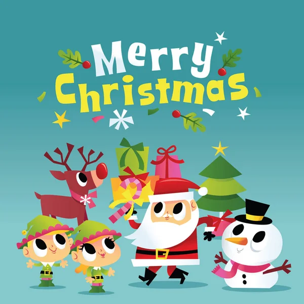 Süper Sevimli Neşeli Noel Partisinde Noel Baba Noel Elfler Ren — Stok Vektör
