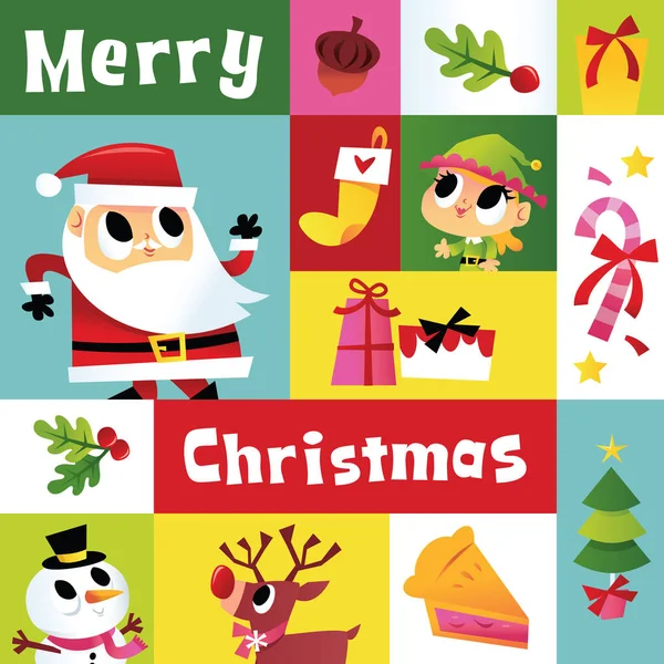 休日の装飾とサンタ エルフと雪だるまのようなキャラクターでいっぱい超かわいいクリスマス モザイク装飾の漫画のベクトル図 — ストックベクタ