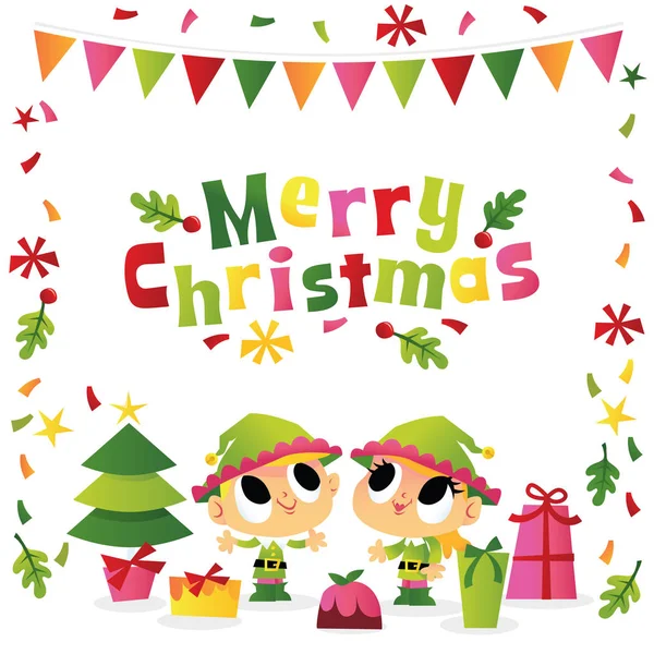 Une Illustration Vectorielle Dessin Animé Une Fête Noël Joyeux Elfes — Image vectorielle