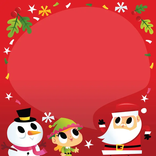 一个超级可爱的圣诞圣诞老人 一个精灵和一个雪人与语音泡的复制空间的卡通矢量插图 — 图库矢量图片