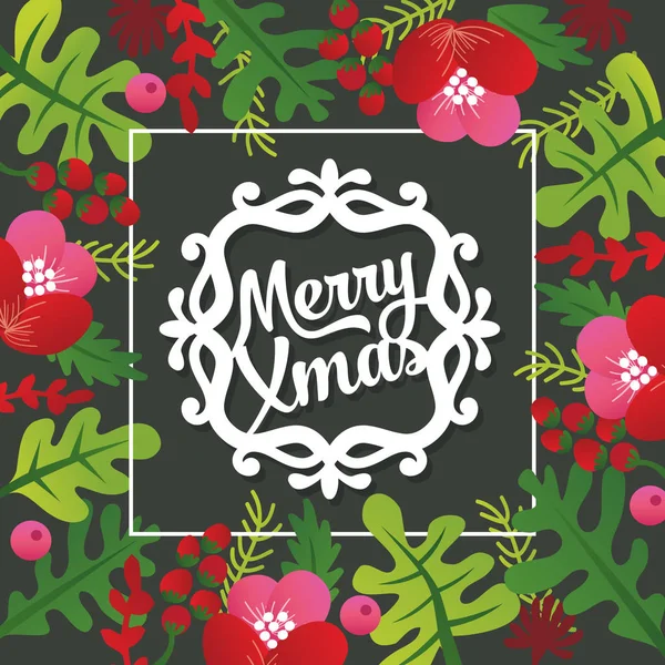 Vector Illustration Merry Christmas Phrase Flower Leaves Filled Frame — Stock Vector