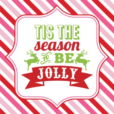 Noel kelime sanat tis ile bir vektör çizim neşeli sözler olmak sezon süslü bir kareye bir renkli Noel tema pembe karşı ifade ve kırmızı şeritler arka plan.