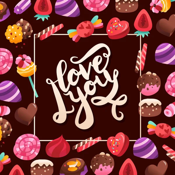 Una Ilustración Vectorial Caramelos Súper Dulces San Valentín Amo Frase — Vector de stock