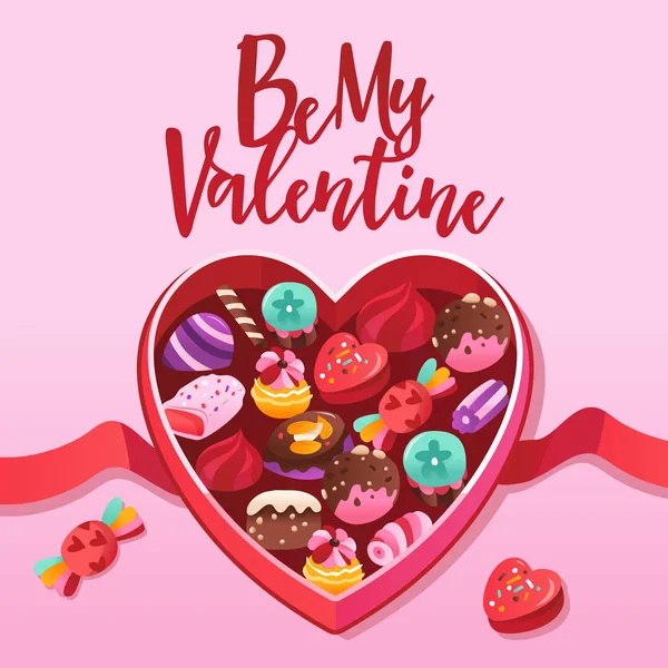Eine Vektor Illustration Einer Supersüßen Bonbons Schokolade Geöffnete Herzschachtel Gefüllt — Stockvektor