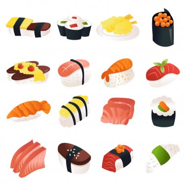 Karikatür Sushi Sashimi Simge Seti