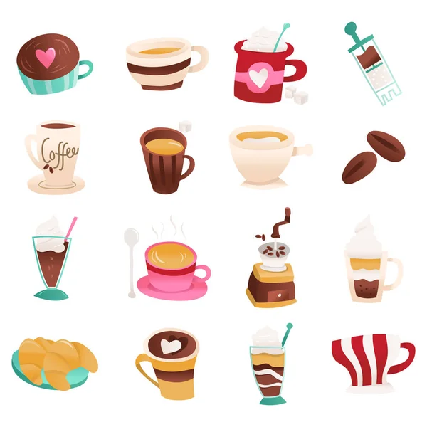 Kreskówka słodkie Coffee Cafe zestaw ikon — Wektor stockowy