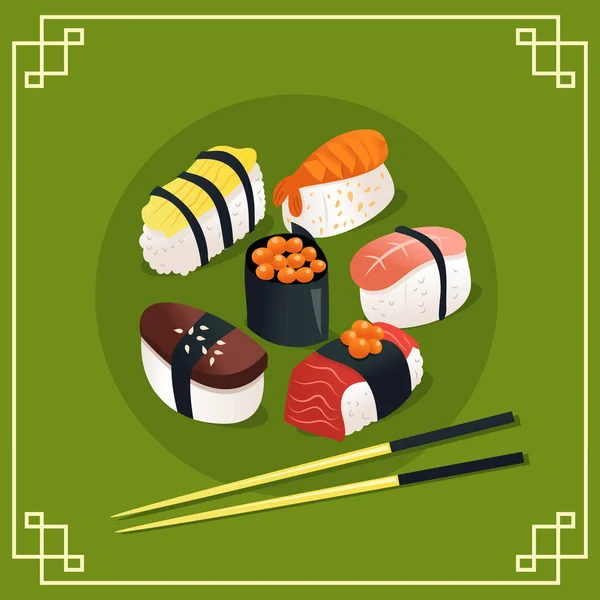 Cartoon Sushi Sashimi Japanse achtergrond — Stockvector