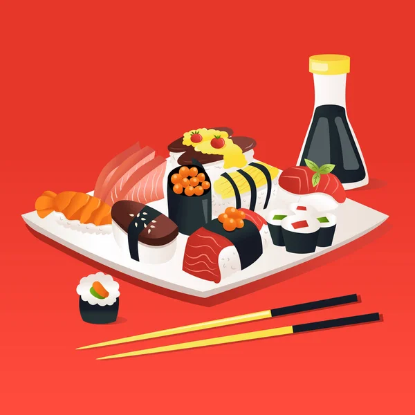 Sashimi de Sushi de dibujos animados en una placa con palillo de salsa de soja — Vector de stock