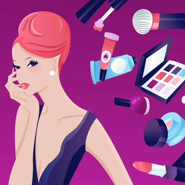 Glamorous Chic Updo Hair Girl Beleza com acesso de maquiagem cosmética —  Vetores de Stock
