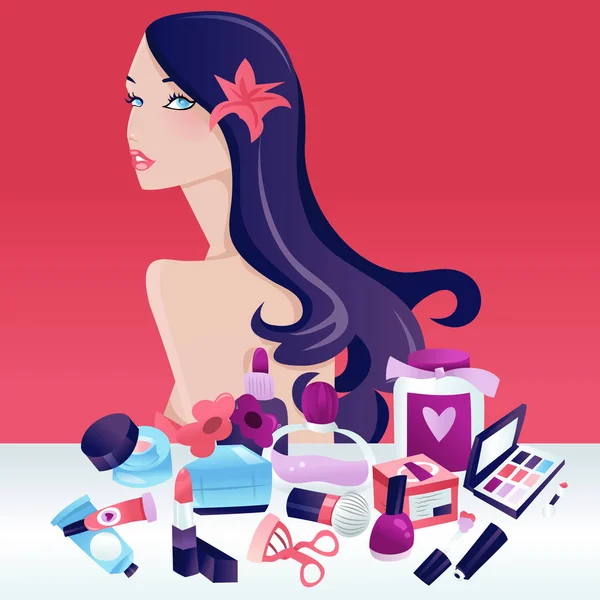 Kozmetik Makyaj Koleksiyonu ile Glamorous Uzun Saç Kız Güzellik — Stok Vektör