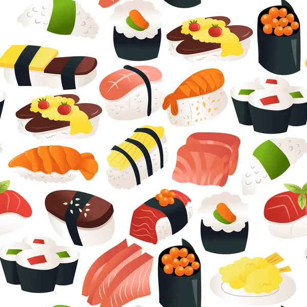 Cartoon Sushi Sashimi Seamless Pattern Background - Stok Vektor