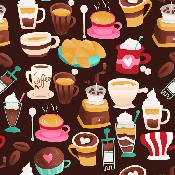 Cartone animato carino caffè caffè senza soluzione di continuità modello sfondo — Vettoriale Stock