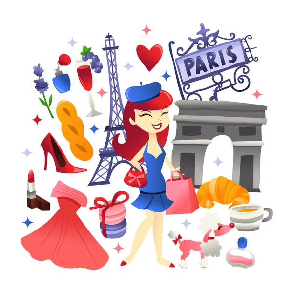 슈퍼 귀여운 파리 쇼핑과 음식 문화 — 스톡 벡터