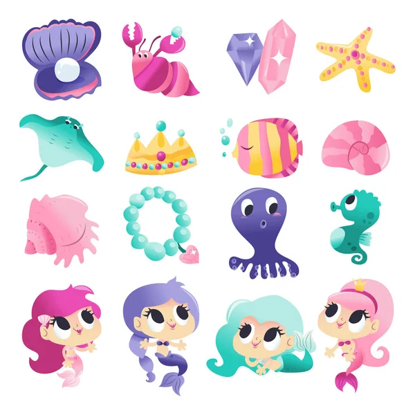 Super Cute Mermaids Sea Creatures Set — Stock Vector