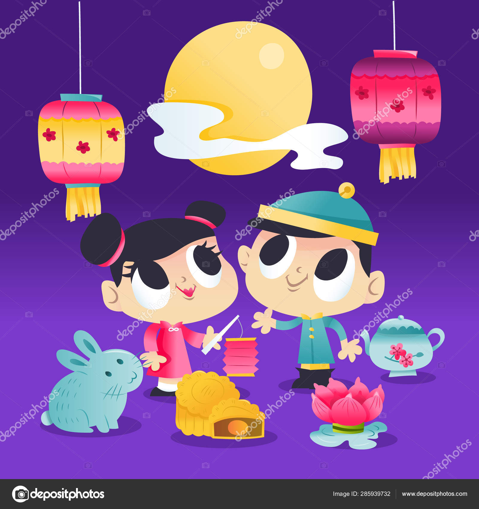 Super Cute Mid Autumn Festival Kids And Lantern Night Stock Vector C Totallyjamie 285939732