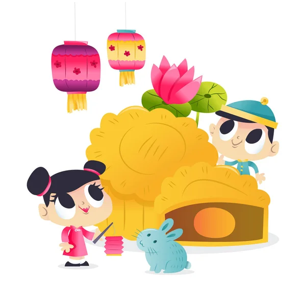 Super Cute Mid Autumn Festival Mooncake Kids Linterna — Vector de stock