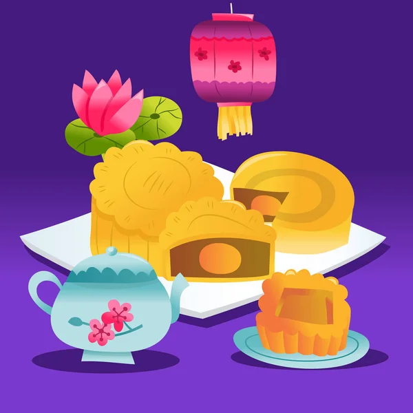 Super schattig Mid herfst festival mooncake Tea Party — Stockvector