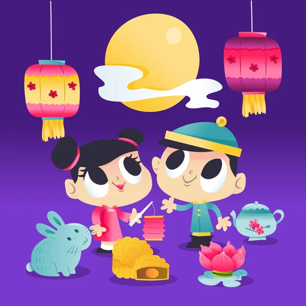 Super Cute Mid Autumn Festival Kids And Lantern Night — Stock Vector