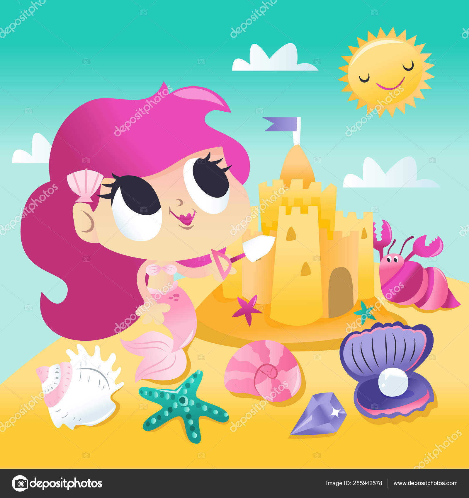 Sirène Mignonne Superbe Jouant Le Château De Sable Par La