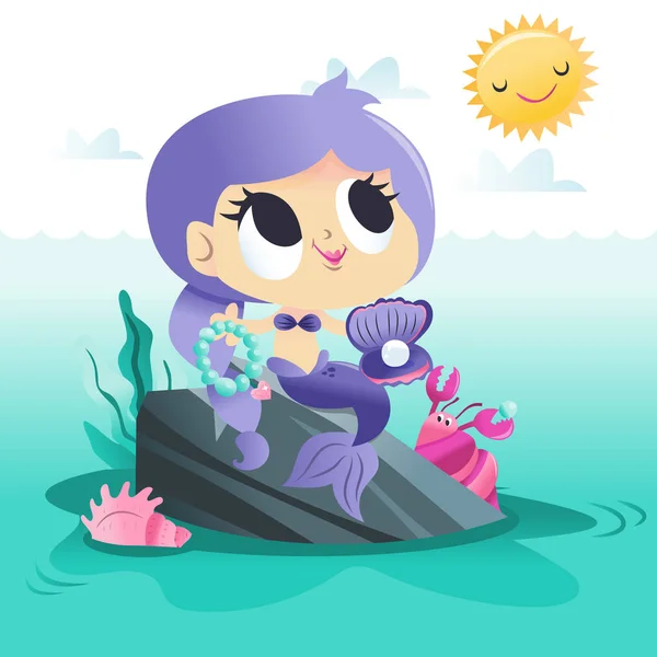 Super süße Meerjungfrau sitzt auf einem Felsen am Meer — Stockvektor