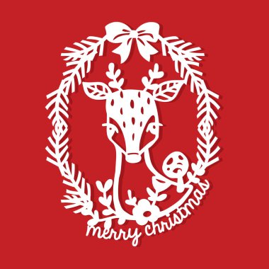 Eski mutlu noeller, orman geyikleri, Holly Ribbon çerçeve kağıdının vektör çizimi..
