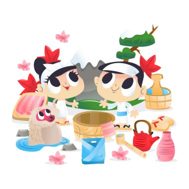 Japon Kaplıcaları 'ndaki süper tatlı kız ve erkeğin çizgi film çizimi..