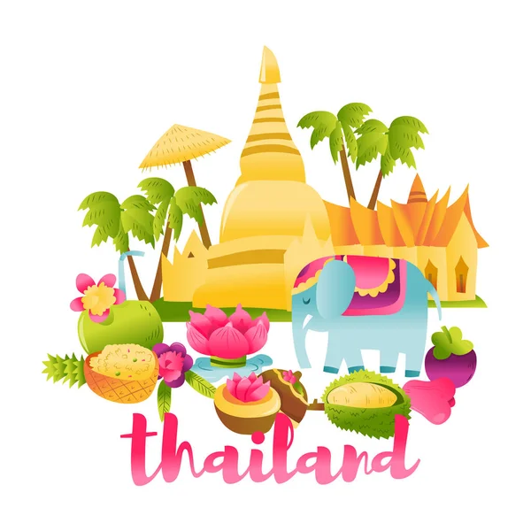 タイの超かわいいランドマークや食文化シーンの漫画ベクトルイラスト — ストックベクタ
