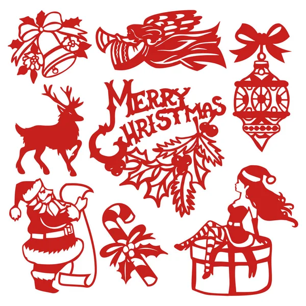 Uma Ilustração Vetorial Vintage Festivo Natal Papel Corte Elementos Design — Vetor de Stock
