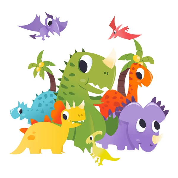 Una Ilustración Vectorial Dibujos Animados Del Grupo Dinosaurios Súper Lindos — Vector de stock