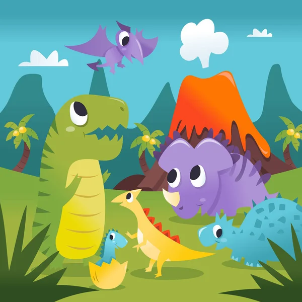 Vector Dibujos Animados Ilustración Dinosaurios Super Lindo Escena Fondo Prehistórico — Vector de stock