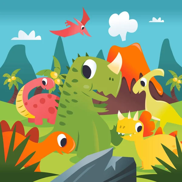 Cartoon Vector Illustration Super Cute Dinosaurs Prehistoric Background Scene — Stock Vector