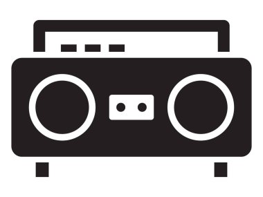 Teyp simgesi. Modern tasarımda hoparlörleri olan koyu renkli taşınabilir stereo kayıt cihazı. Ses kayıt cihazı. Retro müzik aleti. Beyaz izole arkaplan