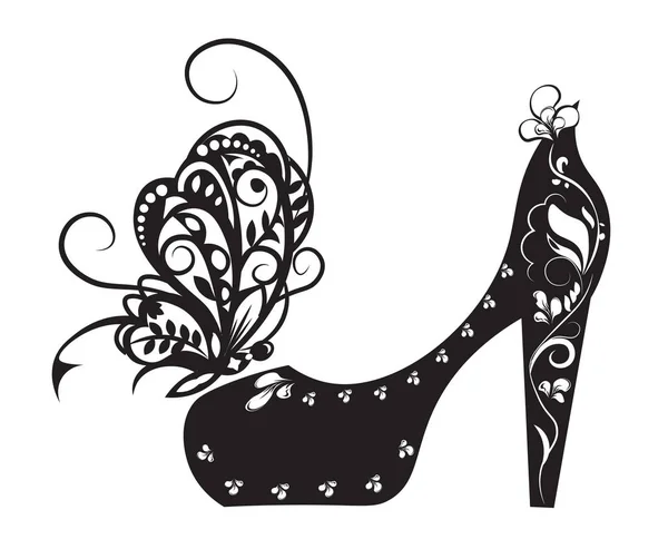 美しい花のベクトルの靴と蝶 シルエット ブラック ホワイト — ストックベクタ