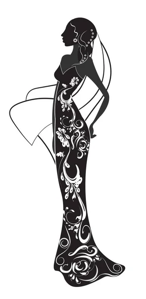 女性は 長いドレスを着て 花嫁の美しい エレガントなシルエット — ストックベクタ