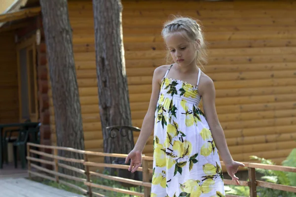 güzel küçük yalınayak kız oturur üzerinde ahşap evin önünde bir eskrim