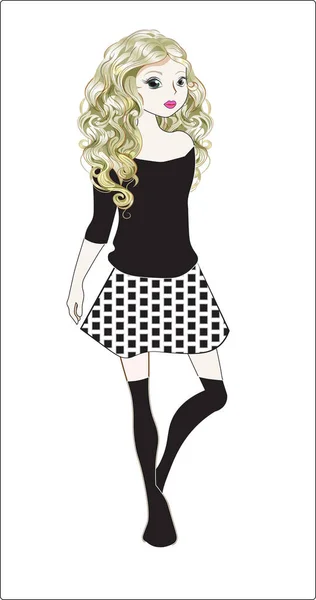 Lovely Young Schoolgirl Stockings Skirt Blonde Wavy Hair — Stock Vector
