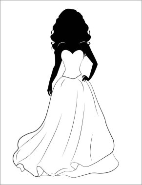 güzel genç gelin muhteşem düğün elbise, siyah-beyaz bir arka plan üzerinde silüeti