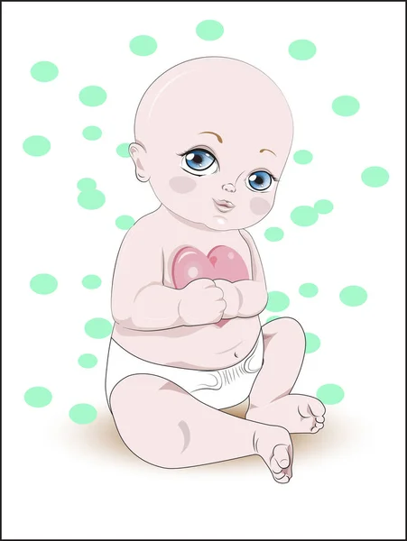 Bald Baby Blue Eyes Boy Girl Sits Diaper Heart — Stock Vector